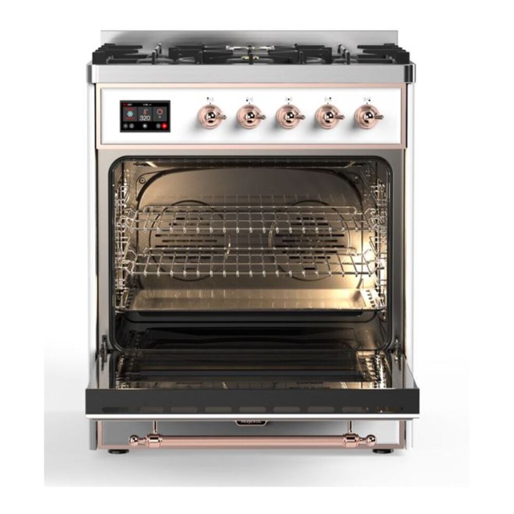 ILVE UM30DNE3WHPLP Majestic II 30 inch Dual Fuel Range with 5 Black Brass Burners (Liquid Propane, Triple Glass Door, White, Copper) 5 ILVE_UM30DNE3WHPLP_Majestic_II_30"_Dual_Fuel_Range_Front_View