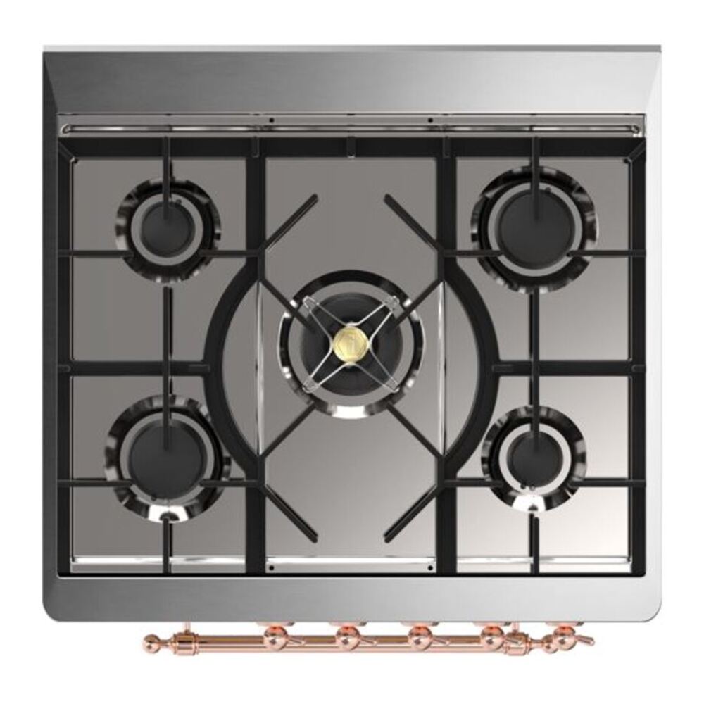 ILVE UM30DNE3WHPLP Majestic II 30 inch Dual Fuel Range with 5 Black Brass Burners (Liquid Propane, Triple Glass Door, White, Copper) 7 ILVE_UM30DNE3WHPLP_Majestic_II_30"_Dual_Fuel_Range_Top_Angle