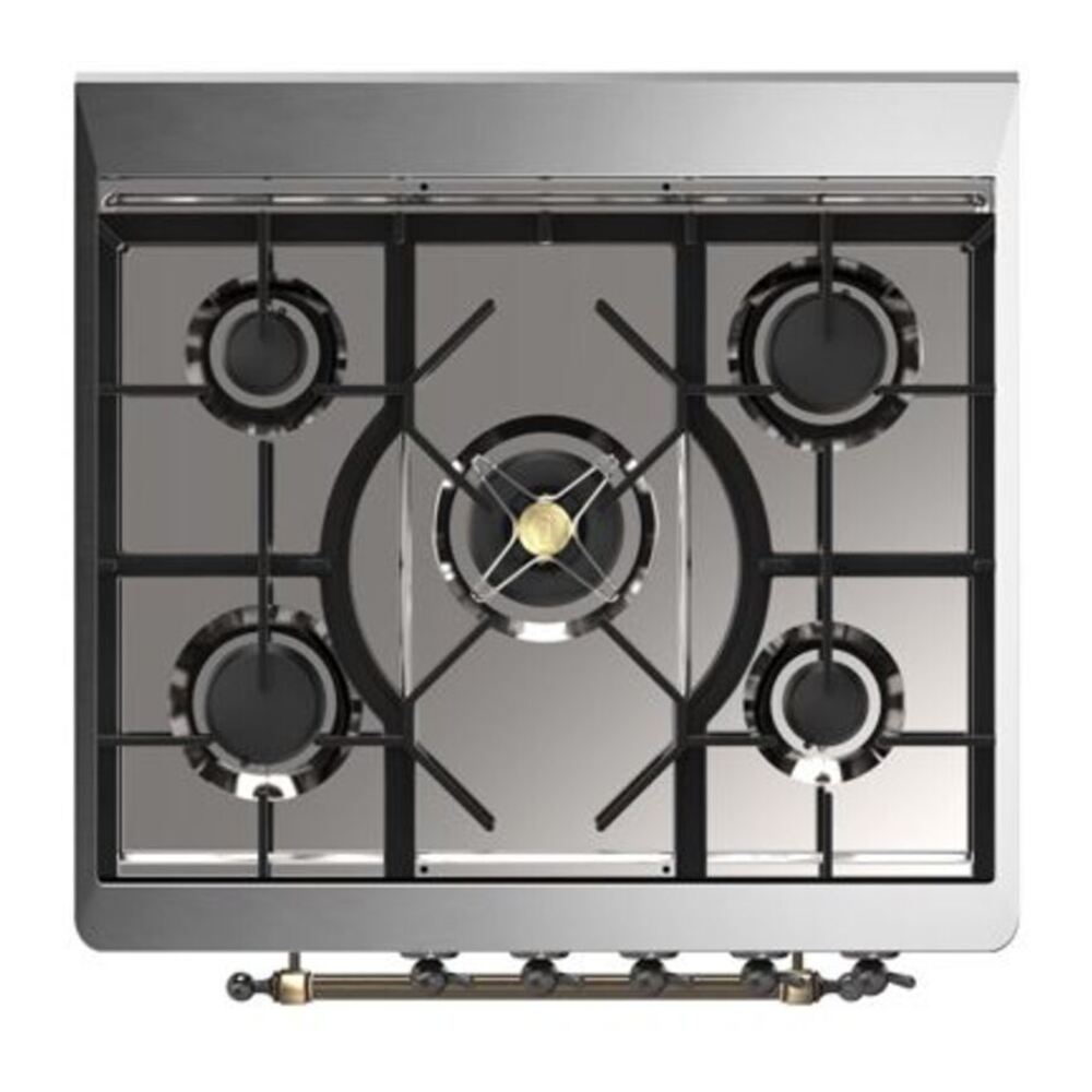 ILVE UM30DQNE3AWBLP Majestic II 30 inch Dual Fuel Range with 5 Black Brass Burners (Liquid Propane, Solid Door, Antique White, Burnished) 7 ILVE_UM30DQNE3AWBLP_Majestic_II_30"_Dual_Fuel_Range_Top_Angle