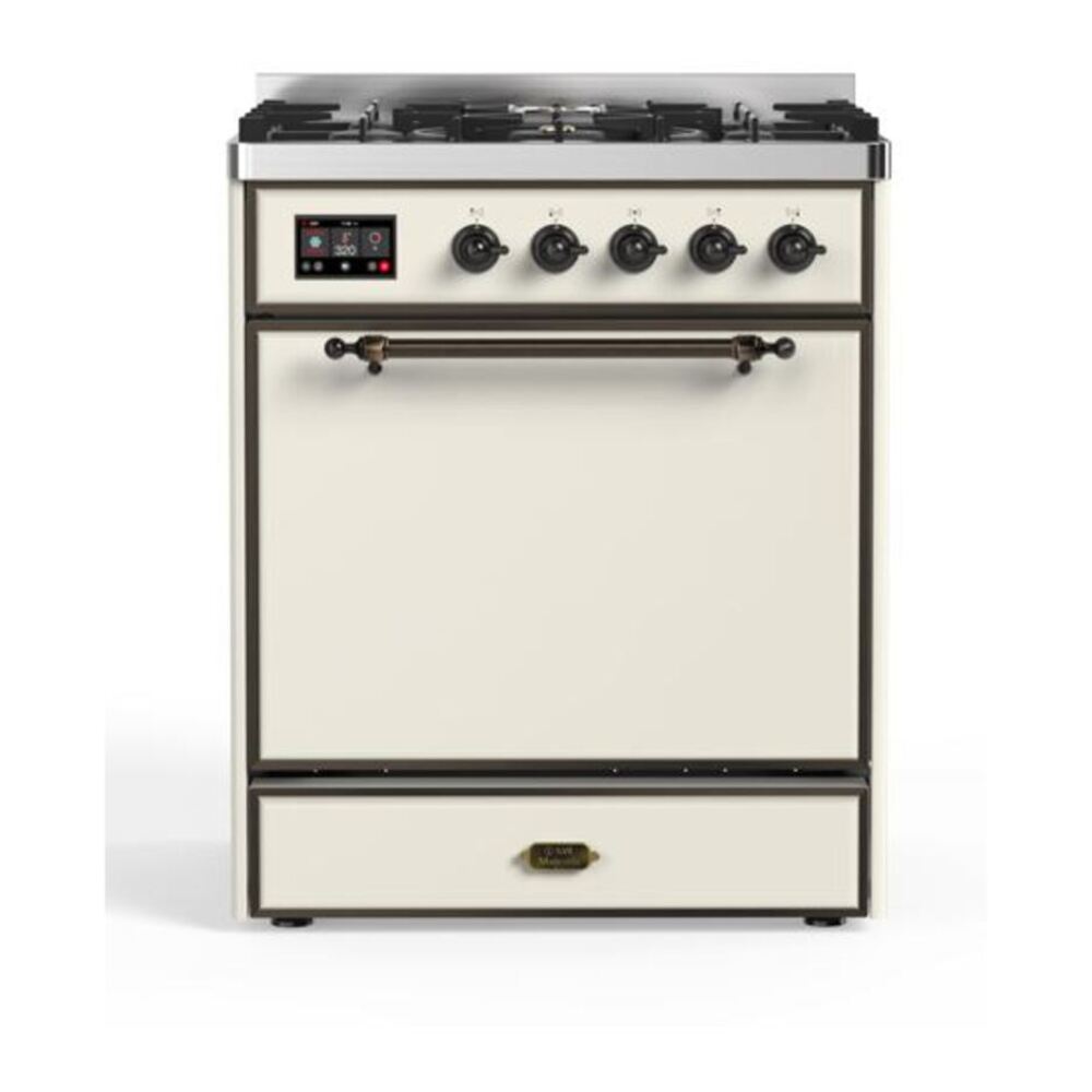 ILVE UM30DQNE3AWB Majestic II 30 inch Dual Fuel Range with 5 Black Brass Burners (Natural Gas, Solid Door, Antique White, Burnished) 1 UM30DQNE3AWB