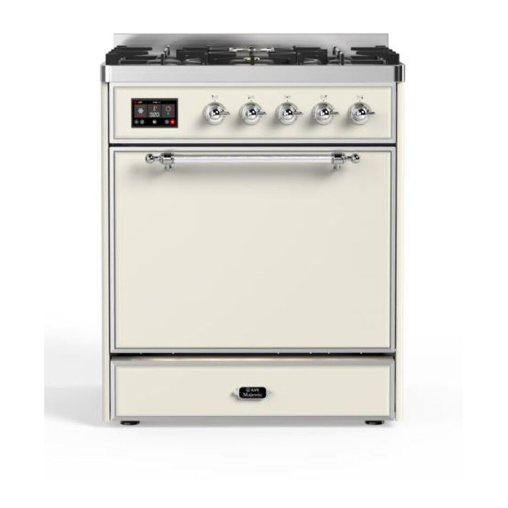 ILVE UM30DQNE3AWC Majestic II 30 inch Dual Fuel Range with 5 Black Brass Burners (Natural Gas, Solid Door, Antique White, Chrome) 1 UM30DQNE3AWC