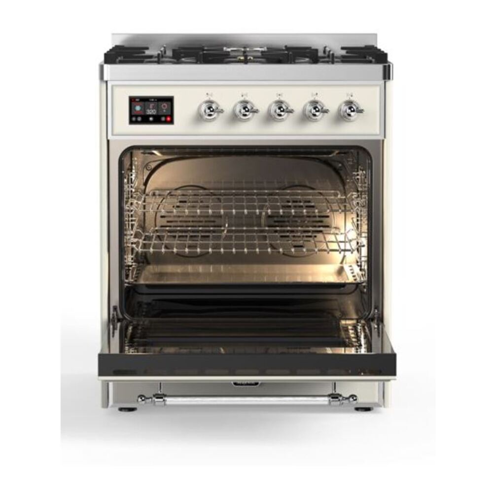 ILVE UM30DQNE3AWC Majestic II 30 inch Dual Fuel Range with 5 Black Brass Burners (Natural Gas, Solid Door, Antique White, Chrome) 5 ILVE_UM30DQNE3AWC_Majestic_II_30_Dual_Fuel_Range_Front_View