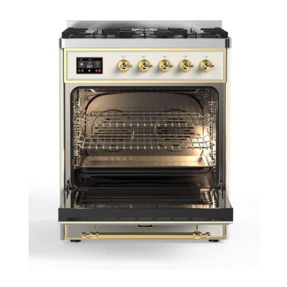 ILVE UM30DQNE3AWG Majestic II 30 inch Dual Fuel Range with 5 Black Brass Burners (Natural Gas, Solid Door, Antique White, Brass) 5 ILVE_UM30DQNE3AWG_Majestic_II_30"_Dual_Fuel_Range_Front_View
