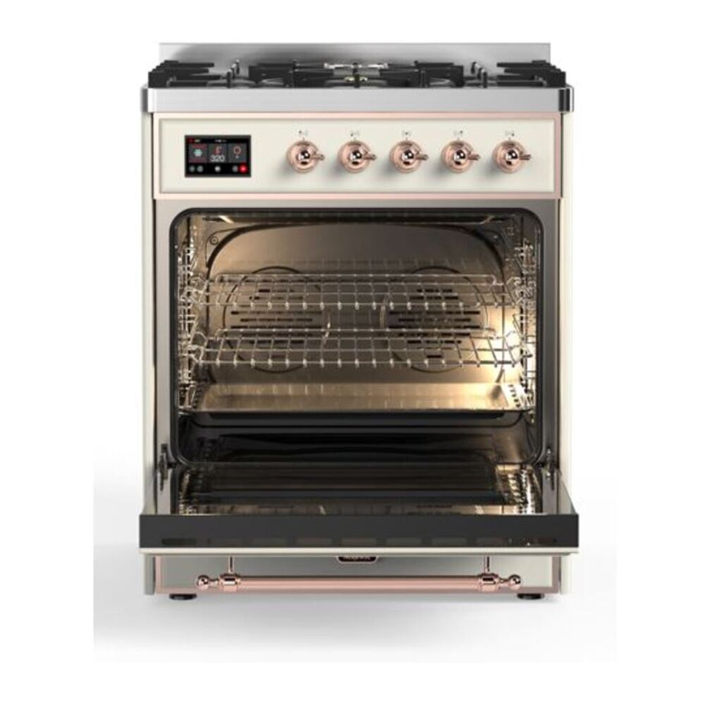 ILVE UM30DQNE3AWPLP Majestic II 30 inch Dual Fuel Range with 5 Black Brass Burners (Liquid Propane, Solid Door, Antique White, Copper) 5 ILVE_UM30DQNE3AWPLP_Majestic_II_30"_Dual_Fuel_Range_Front_View