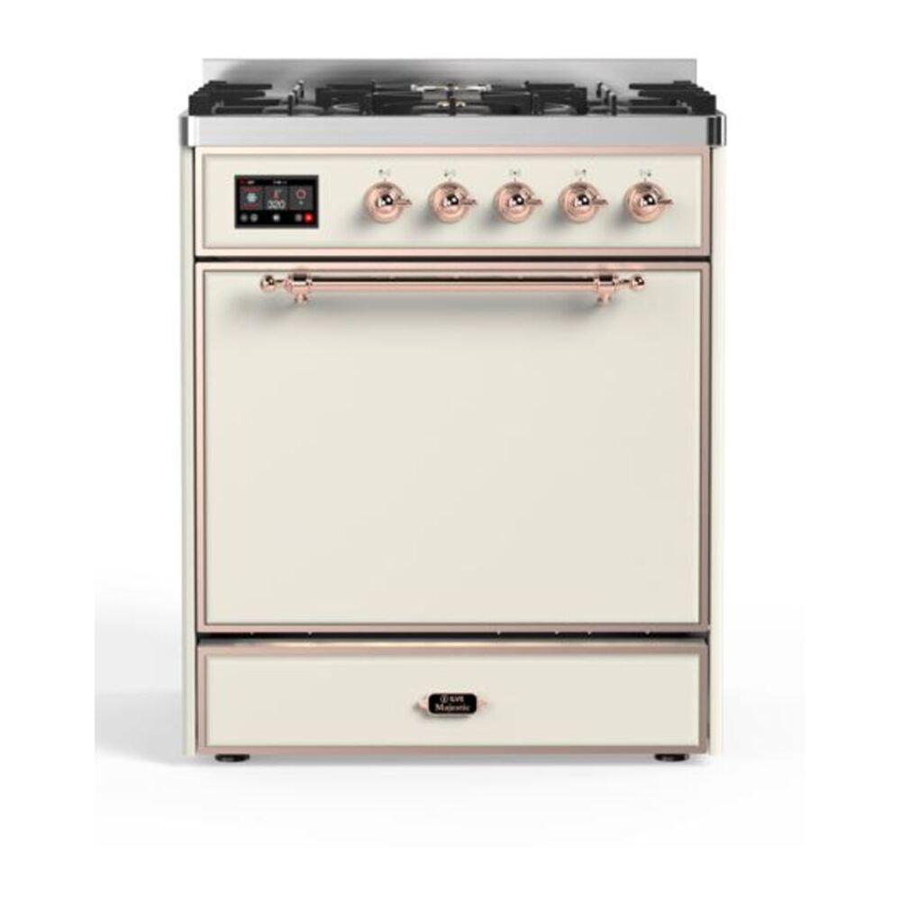 ILVE UM30DQNE3AWP Majestic II 30 inch Dual Fuel Range with 5 Black Brass Burners (Natural Gas, Solid Door, Antique White, Copper) 1 UM30DQNE3AWP