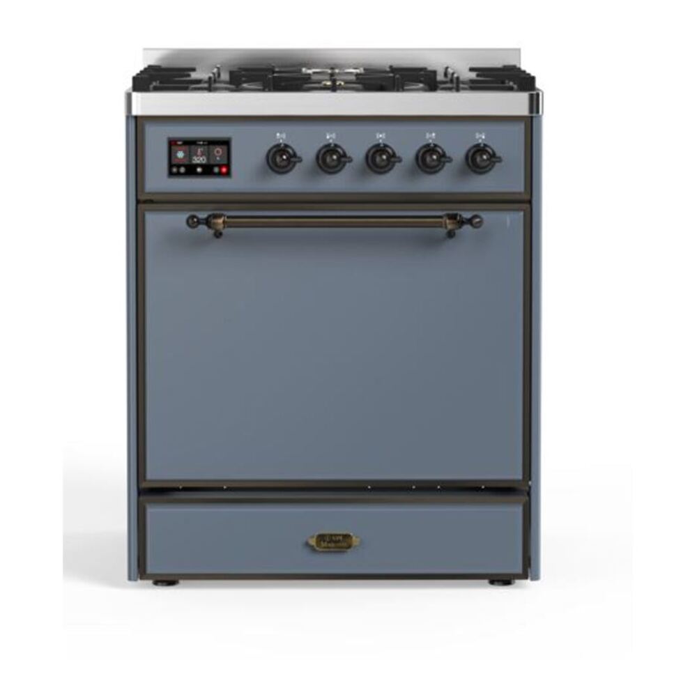 ILVE UM30DQNE3BGBLP Majestic II 30 inch Dual Fuel Range with 5 Black Brass Burners (Liquid Propane, Solid Door, Blue Grey, Burnished) 1 UM30DQNE3BGBLP
