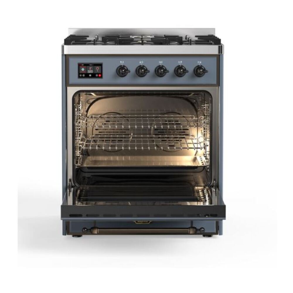 ILVE UM30DQNE3BGBLP Majestic II 30 inch Dual Fuel Range with 5 Black Brass Burners (Liquid Propane, Solid Door, Blue Grey, Burnished) 5 ILVE_UM30DQNE3BGBLP_Majestic_II_30"_Dual_Fuel_Range_Front_View