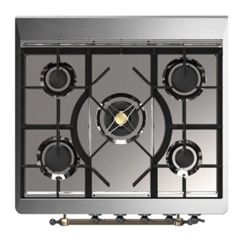 ILVE UM30DQNE3BGB Majestic II 30 inch Dual Fuel Range with 5 Black Brass Burners (Natural Gas, Solid Door, Blue Grey, Burnished) 7 ILVE_UM30DQNE3BGB_Majestic_II_30_Dual_Fuel_Range_Top_Angle
