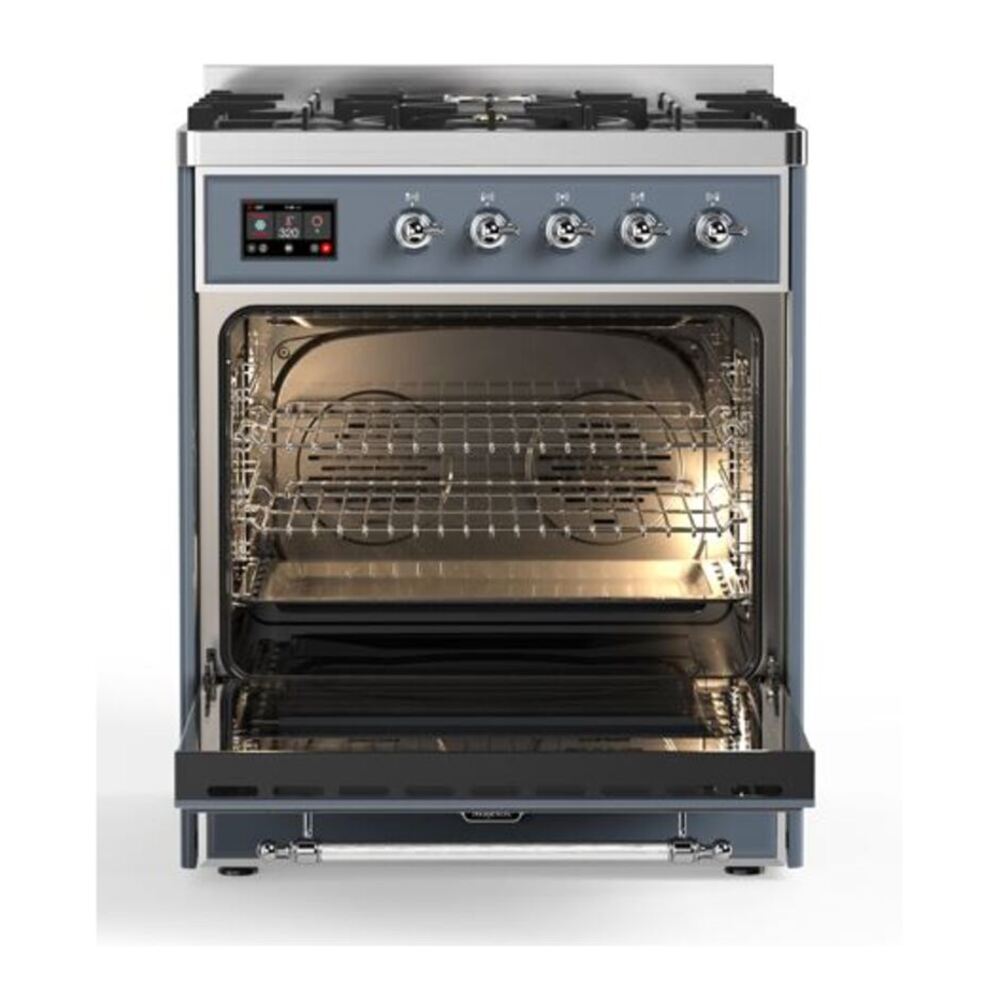 ILVE UM30DQNE3BGCLP Majestic II 30 inch Dual Fuel Range with 5 Black Brass Burners (Liquid Propane, Solid Door, Blue Grey, Chrome) 5 ILVE_UM30DQNE3BGCLP_Majestic_II_30"_Dual_Fuel_Range_Front_View