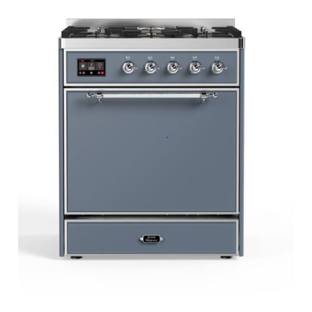 ILVE UM30DQNE3BGC Majestic II 30 inch Dual Fuel Range with 5 Black Brass Burners (Natural Gas, Solid Door, Blue Grey, Chrome) 1 UM30DQNE3BGC