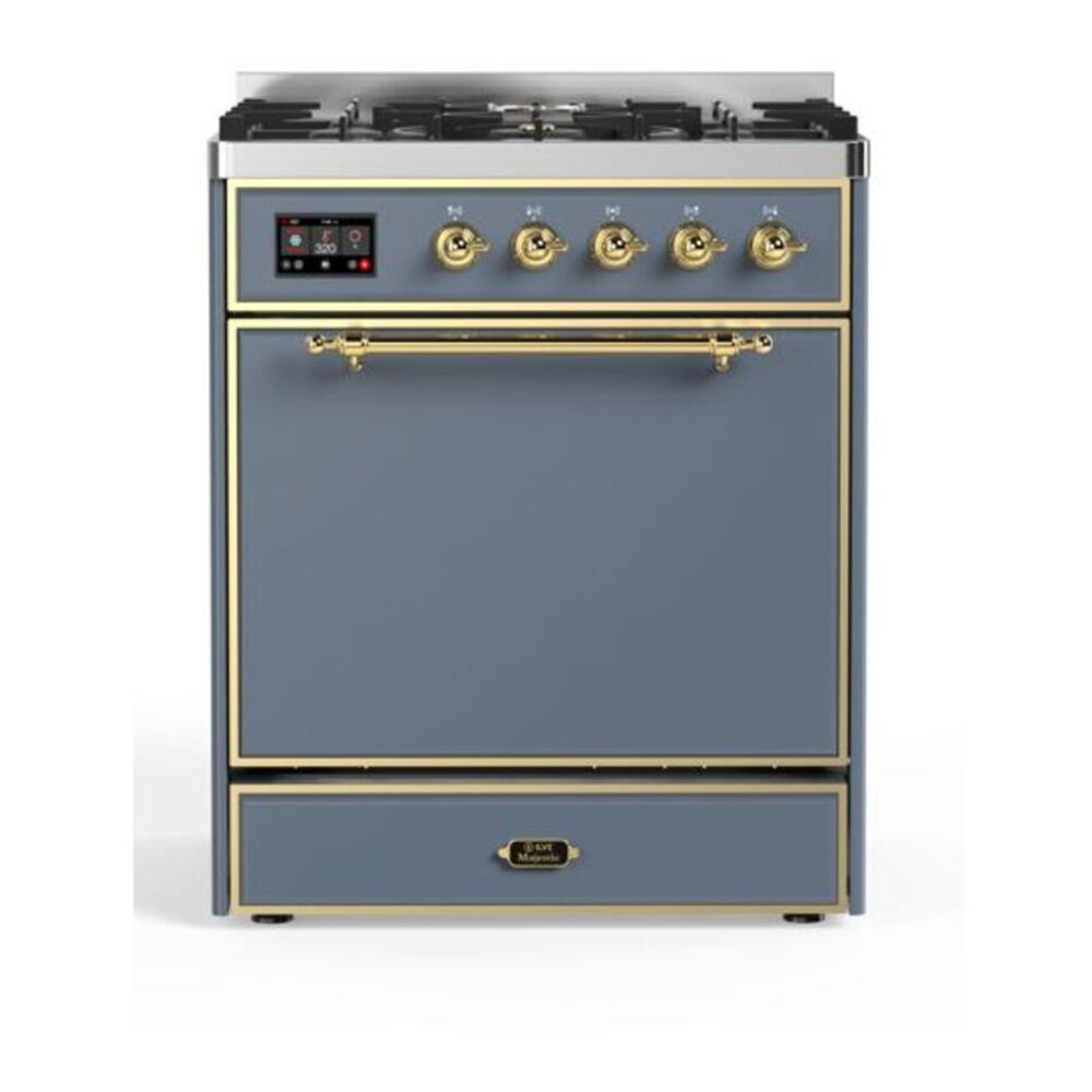 ILVE UM30DQNE3BGGLP Majestic II 30 inch Dual Fuel Range with 5 Black Brass Burners (Liquid Propane, Solid Door, Blue Grey, Brass) 1 UM30DQNE3BGGLP