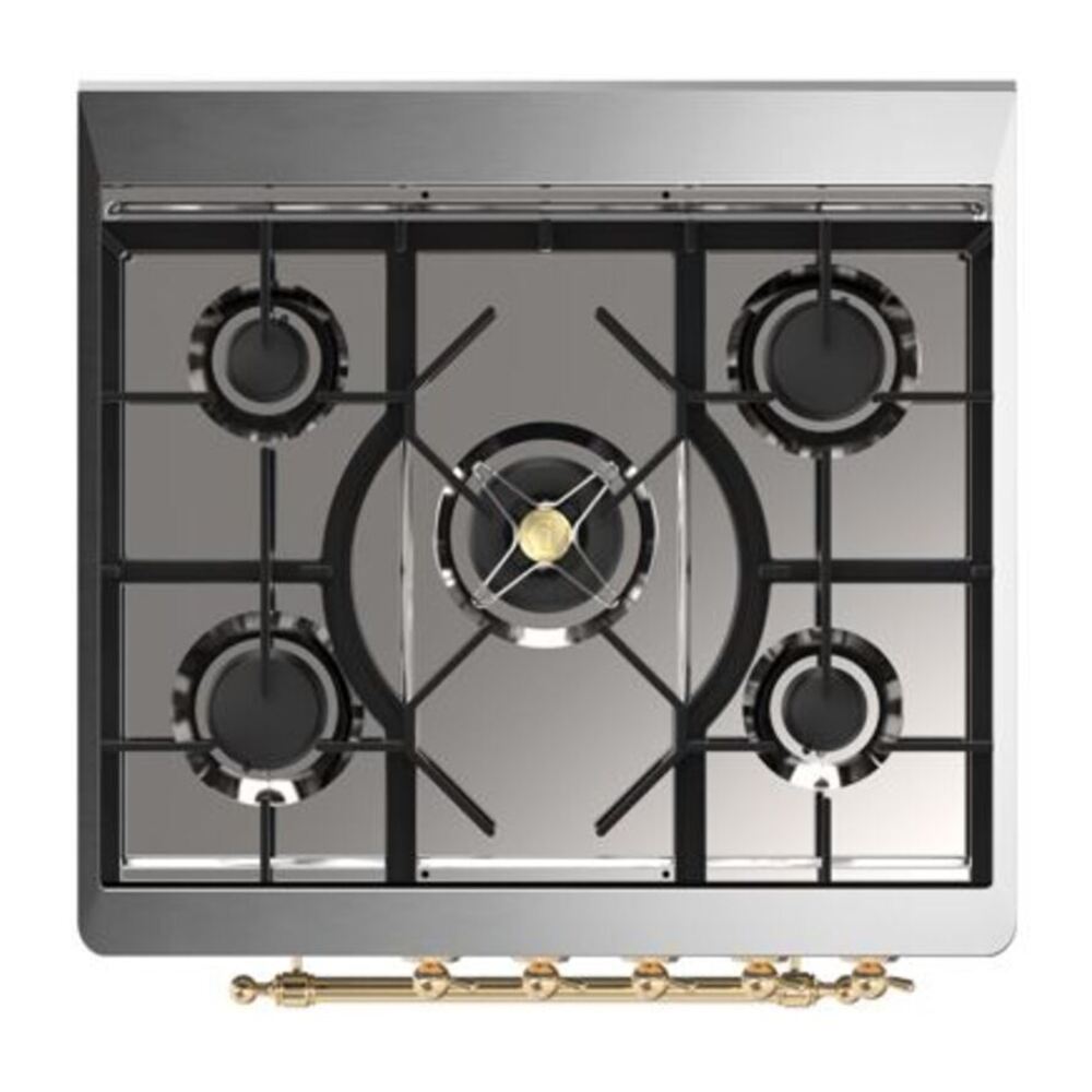 ILVE UM30DQNE3BGGLP Majestic II 30 inch Dual Fuel Range with 5 Black Brass Burners (Liquid Propane, Solid Door, Blue Grey, Brass) 7 ILVE_UM30DQNE3BGGLP_Majestic_II_30"_Dual_Fuel_Range_Top_Angle