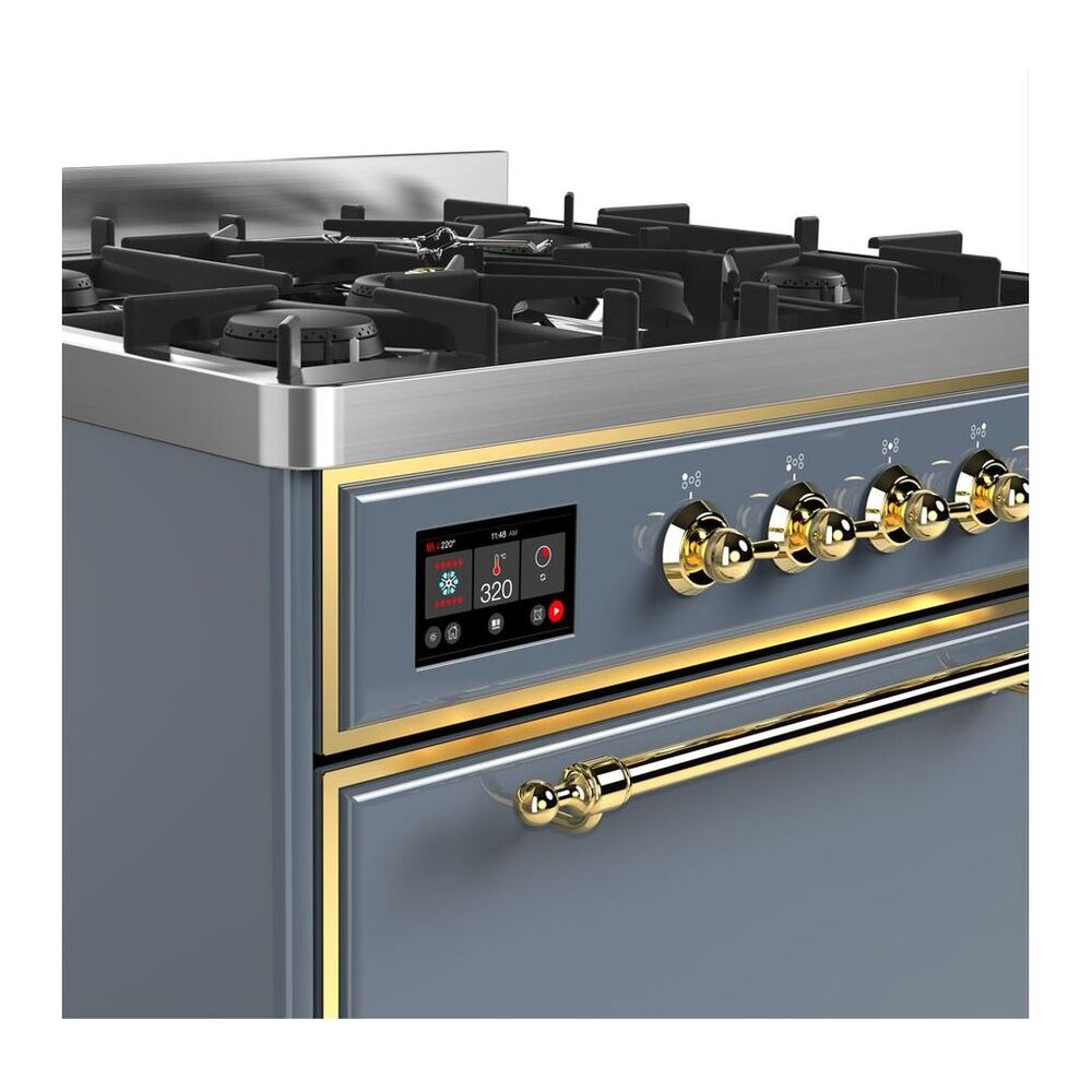 ILVE UM30DQNE3BGGLP Majestic II 30 inch Dual Fuel Range with 5 Black Brass Burners (Liquid Propane, Solid Door, Blue Grey, Brass) 6 ILVE UM30D Majestic II 30 inch Dual Fuel Range with 5 Black Brass Burners