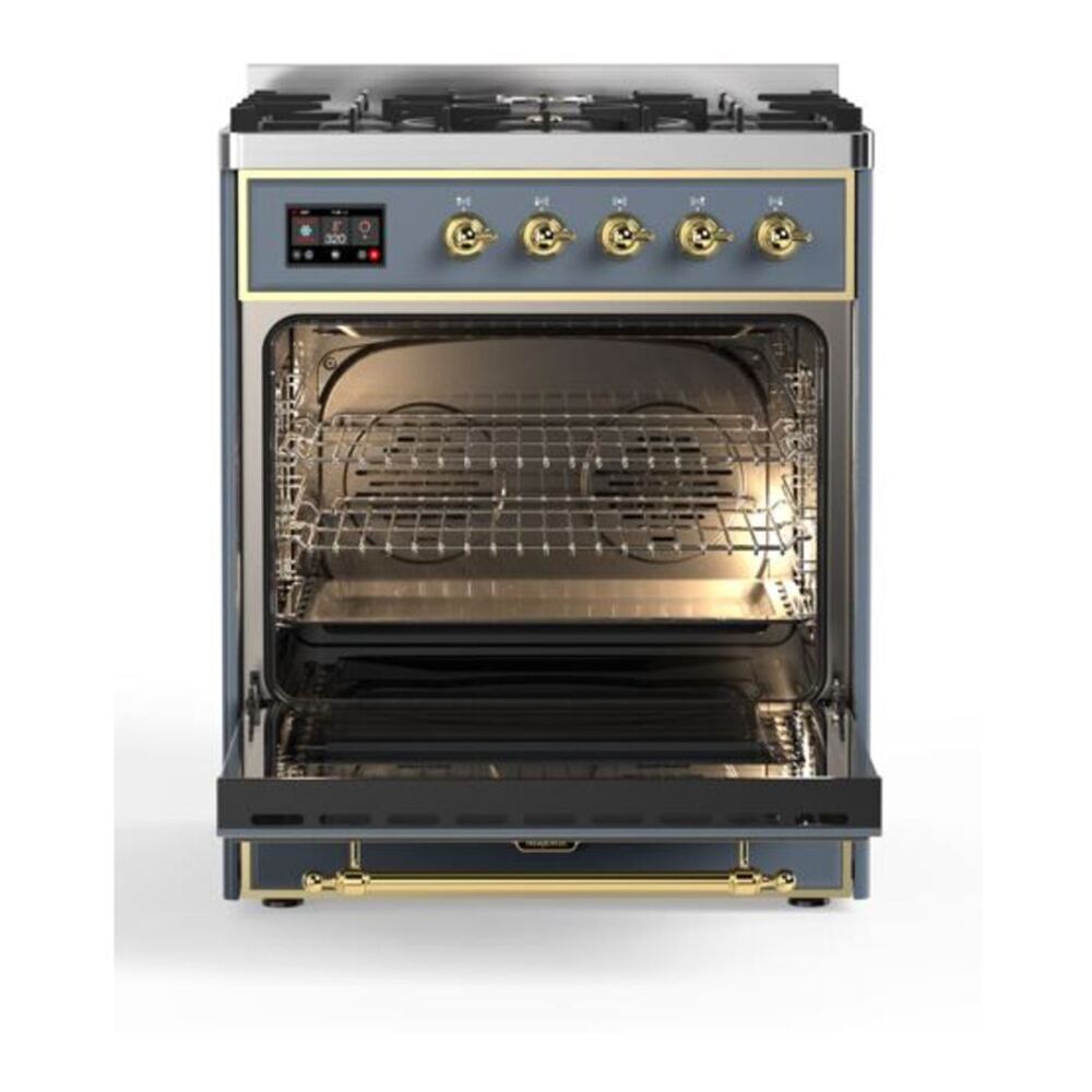 ILVE UM30DQNE3BGG Majestic II 30 inch Dual Fuel Range with 5 Black Brass Burners (Natural Gas, Solid Door, Blue Grey, Brass) 5 ILVE_UM30DQNE3BGG_Majestic_II_30_Dual_Fuel_Range_Front_View