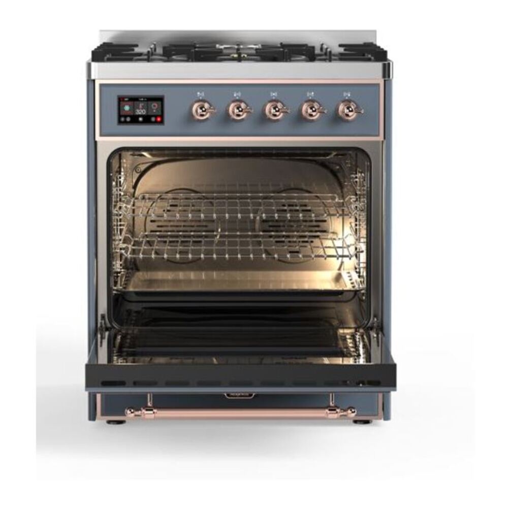 ILVE UM30DQNE3BGPLP Majestic II 30 inch Dual Fuel Range with 5 Black Brass Burners (Liquid Propane, Solid Door, Blue Grey, Copper) 5 ILVE_UM30DQNE3BGPLP_Majestic_II_30"_Dual_Fuel_Range_Front_View