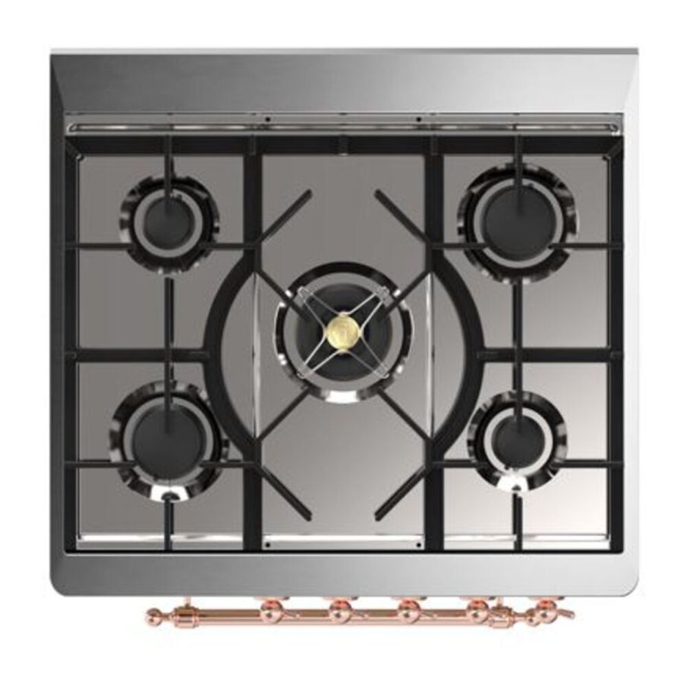 ILVE UM30DQNE3BGPLP Majestic II 30 inch Dual Fuel Range with 5 Black Brass Burners (Liquid Propane, Solid Door, Blue Grey, Copper) 7 ILVE_UM30DQNE3BGPLP_Majestic_II_30"_Dual_Fuel_Range_Top_Angle