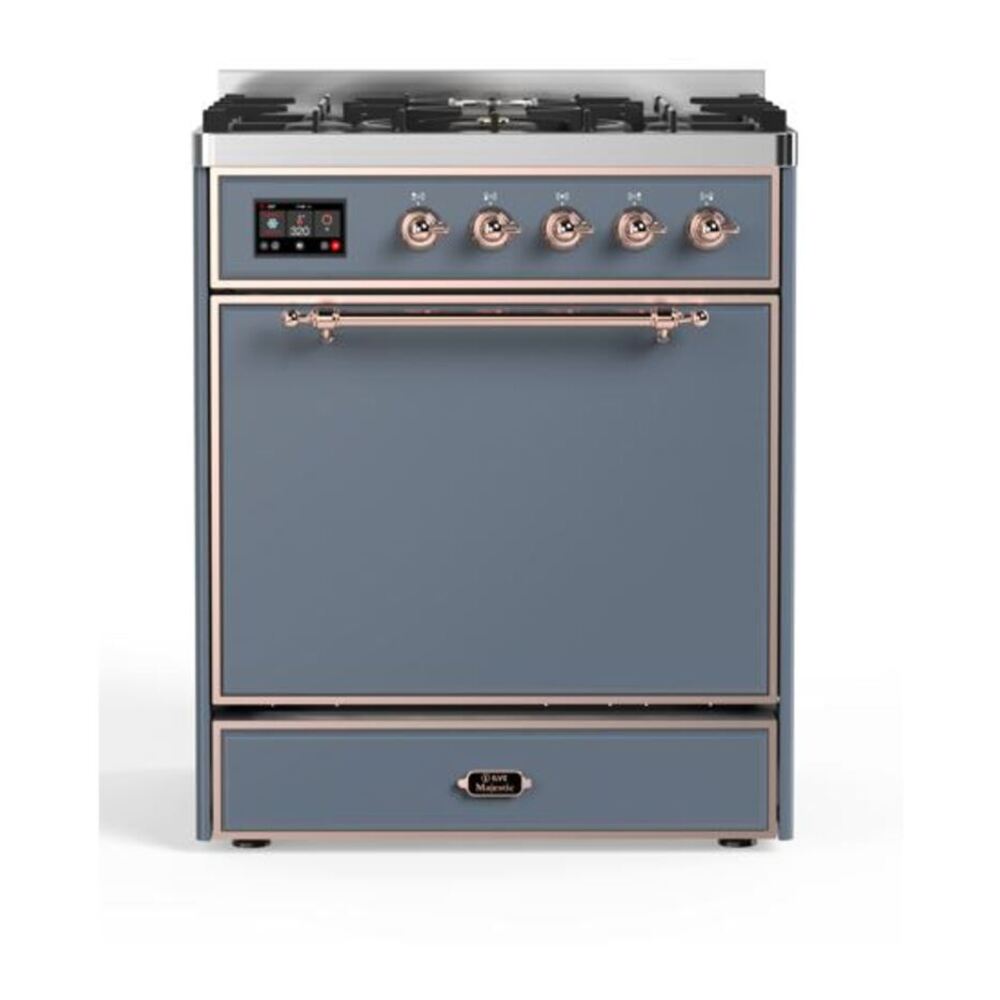 ILVE UM30DQNE3BGP Majestic II 30 inch Dual Fuel Range with 5 Black Brass Burners (Natural Gas, Solid Door, Blue Grey, Copper) 1 UM30DQNE3BGP