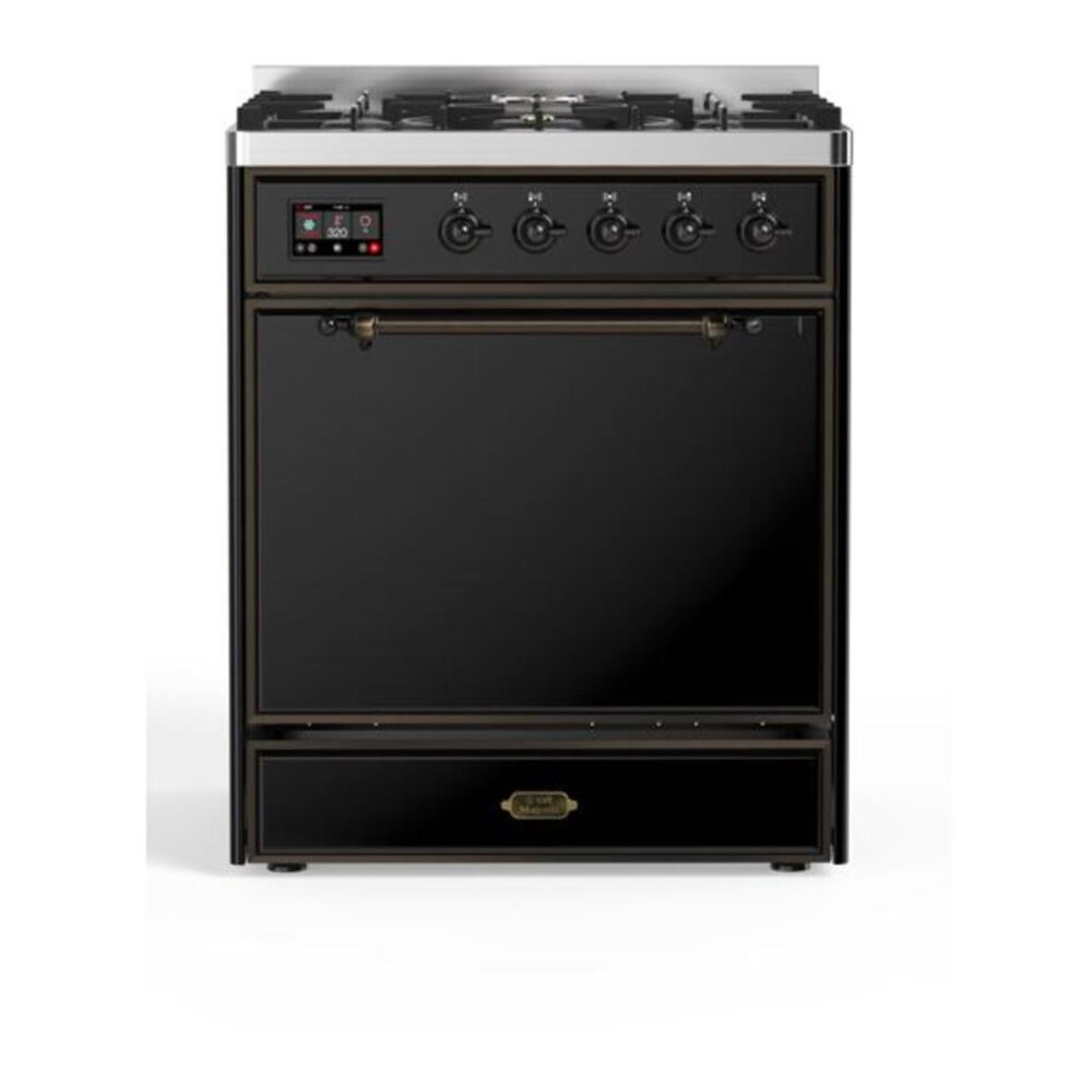ILVE UM30DQNE3BKBLP Majestic II 30 inch Dual Fuel Range with 5 Black Brass Burners (Liquid Propane, Solid Door, Glossy Black, Burnished) 1 UM30DQNE3BKBLP