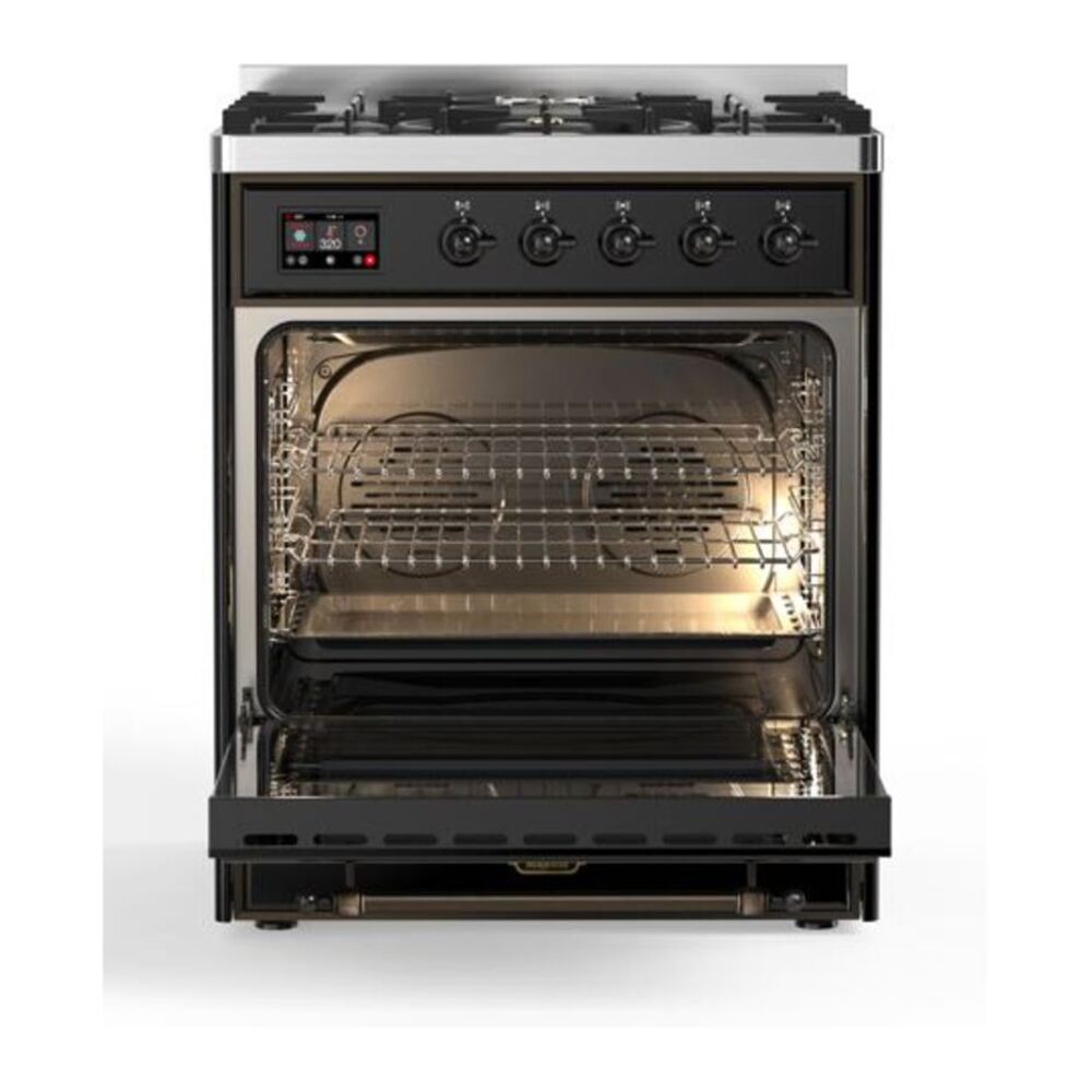 ILVE UM30DQNE3BKBLP Majestic II 30 inch Dual Fuel Range with 5 Black Brass Burners (Liquid Propane, Solid Door, Glossy Black, Burnished) 5 ILVE_UM30DQNE3BKBLP_Majestic_II_30"_Dual_Fuel_Range_Front_View