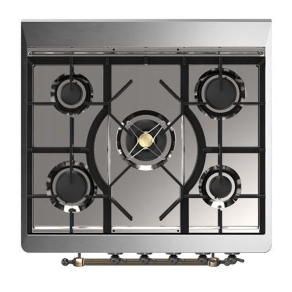 ILVE UM30DQNE3BKBLP Majestic II 30 inch Dual Fuel Range with 5 Black Brass Burners (Liquid Propane, Solid Door, Glossy Black, Burnished) 7 ILVE_UM30DQNE3BKBLP_Majestic_II_30"_Dual_Fuel_Range_Top_Angle