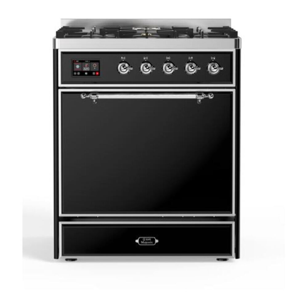 ILVE UM30DQNE3BKC Majestic II 30 inch Dual Fuel Range with 5 Black Brass Burners (Natural Gas, Solid Door, Glossy Black, Chrome) 1 UM30DQNE3BKC