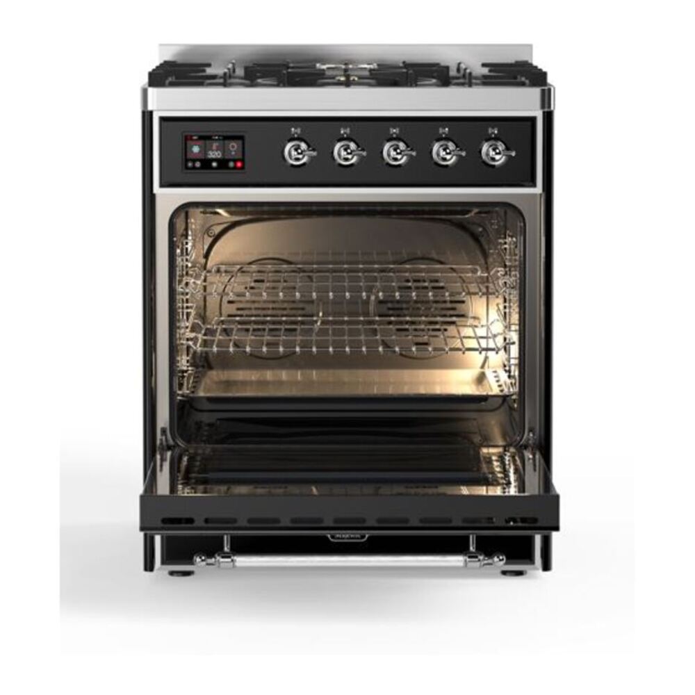 ILVE UM30DQNE3BKC Majestic II 30 inch Dual Fuel Range with 5 Black Brass Burners (Natural Gas, Solid Door, Glossy Black, Chrome) 5 ILVE_UM30DQNE3BKC_Majestic_II_30_Dual_Fuel_Range_Front_View