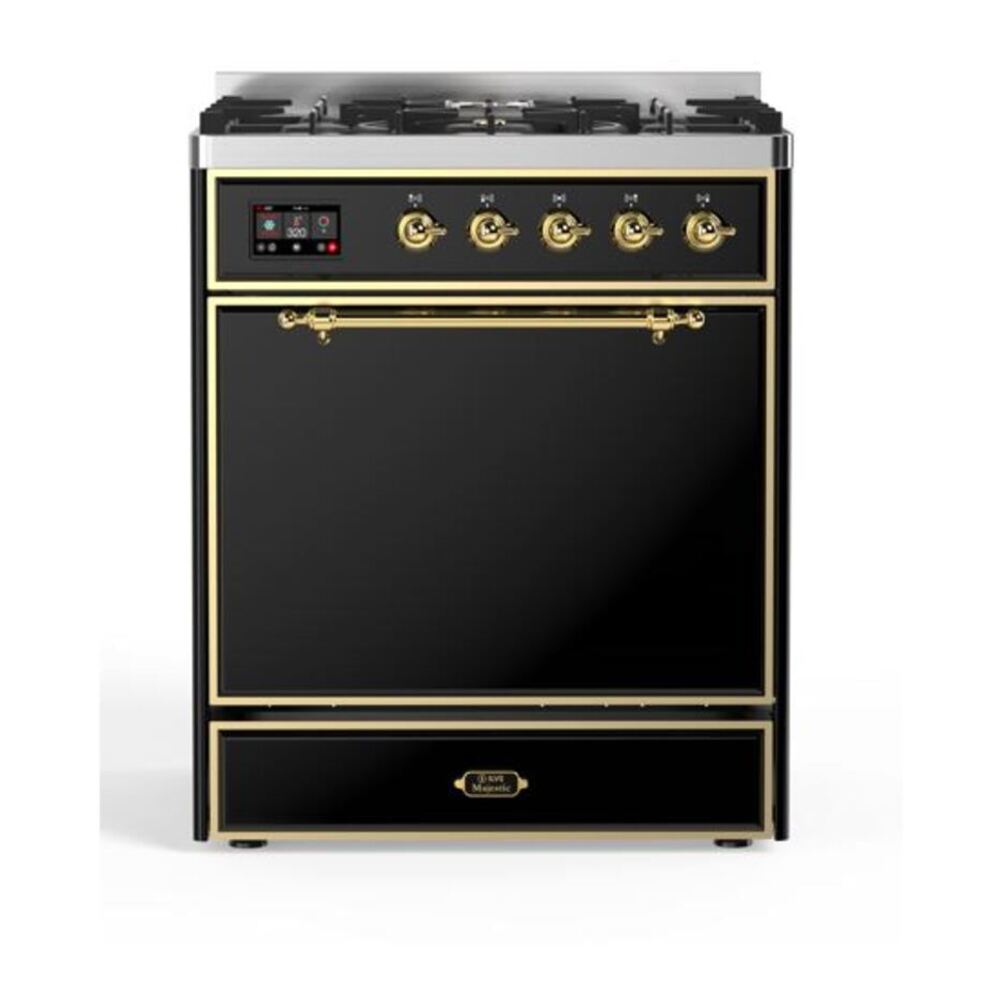 ILVE UM30DQNE3BKGLP Majestic II 30 inch Dual Fuel Range with 5 Black Brass Burners (Liquid Propane, Solid Door, Glossy Black, Brass) 1 UM30DQNE3BKGLP