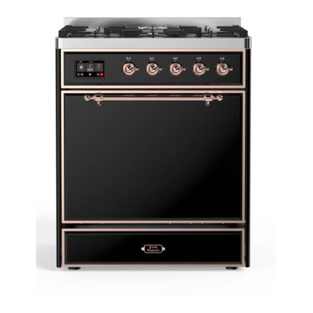ILVE UM30DQNE3BKP Majestic II 30 inch Dual Fuel Range with 5 Black Brass Burners (Natural Gas, Solid Door, Glossy Black, Copper) 1 UM30DQNE3BKP
