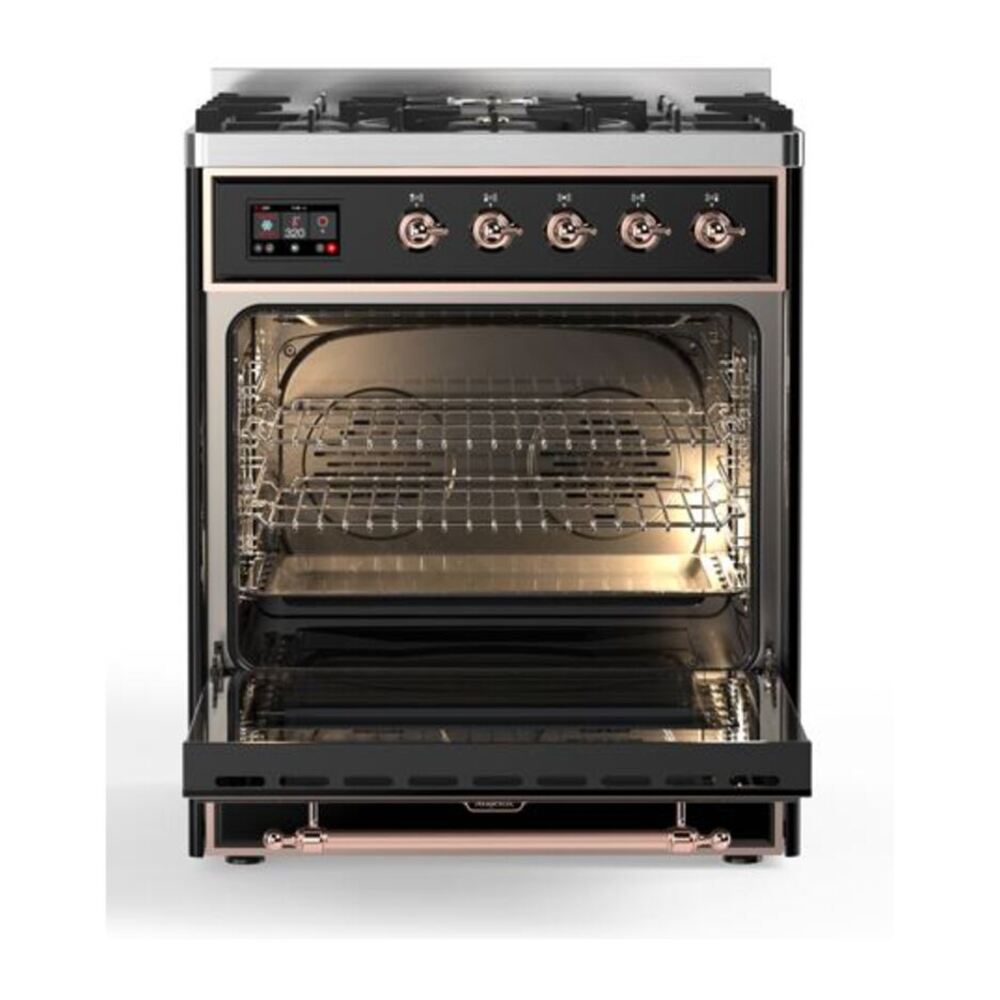 ILVE UM30DQNE3BKP Majestic II 30 inch Dual Fuel Range with 5 Black Brass Burners (Natural Gas, Solid Door, Glossy Black, Copper) 5 ILVE_UM30DQNE3BKP_Majestic_II_30_Dual_Fuel_Range_Front_View