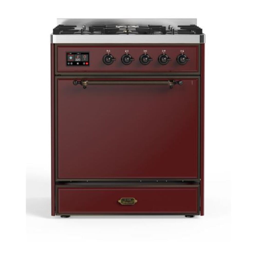 ILVE UM30DQNE3BUBLP Majestic II 30 inch Dual Fuel Range with 5 Black Brass Burners (Liquid Propane, Solid Door, Burgundy, Burnished) 1 UM30DQNE3BUBLP