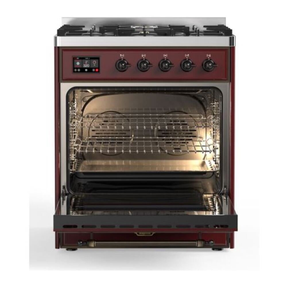 ILVE UM30DQNE3BUBLP Majestic II 30 inch Dual Fuel Range with 5 Black Brass Burners (Liquid Propane, Solid Door, Burgundy, Burnished) 5 ILVE_UM30DQNE3BUBLP_Majestic_II_30"_Dual_Fuel_Range_Front_View