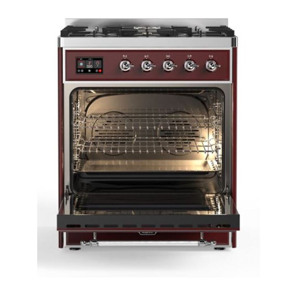 ILVE UM30DQNE3BUCLP Majestic II 30 inch Dual Fuel Range with 5 Black Brass Burners (Liquid Propane, Solid Door, Burgundy, Chrome) 5 ILVE_UM30DQNE3BUCLP_Majestic_II_30"_Dual_Fuel_Range_Front_View