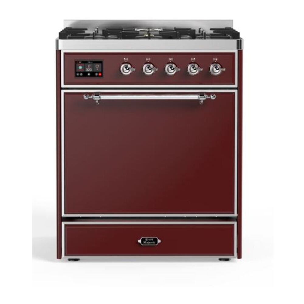 ILVE UM30DQNE3BUC Majestic II 30 inch Dual Fuel Range with 5 Black Brass Burners (Natural Gas, Solid Door, Burgundy, Chrome) 1 UM30DQNE3BUC