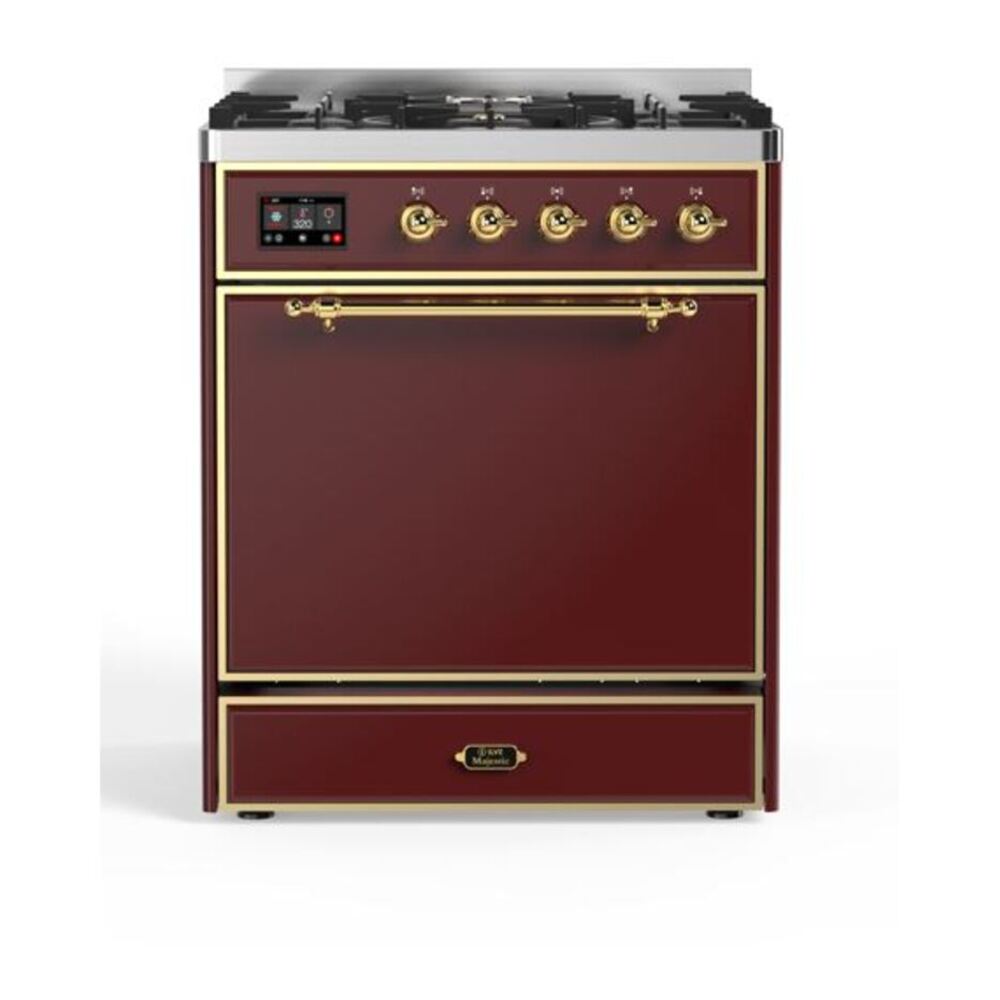 ILVE UM30DQNE3BUGLP Majestic II 30 inch Dual Fuel Range with 5 Black Brass Burners (Liquid Propane, Solid Door, Burgundy, Brass) 1 UM30DQNE3BUGLP