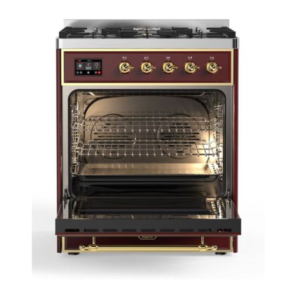 ILVE UM30DQNE3BUGLP Majestic II 30 inch Dual Fuel Range with 5 Black Brass Burners (Liquid Propane, Solid Door, Burgundy, Brass) 5 ILVE_UM30DQNE3BUGLP_Majestic_II_30"_Dual_Fuel_Range_Front_View
