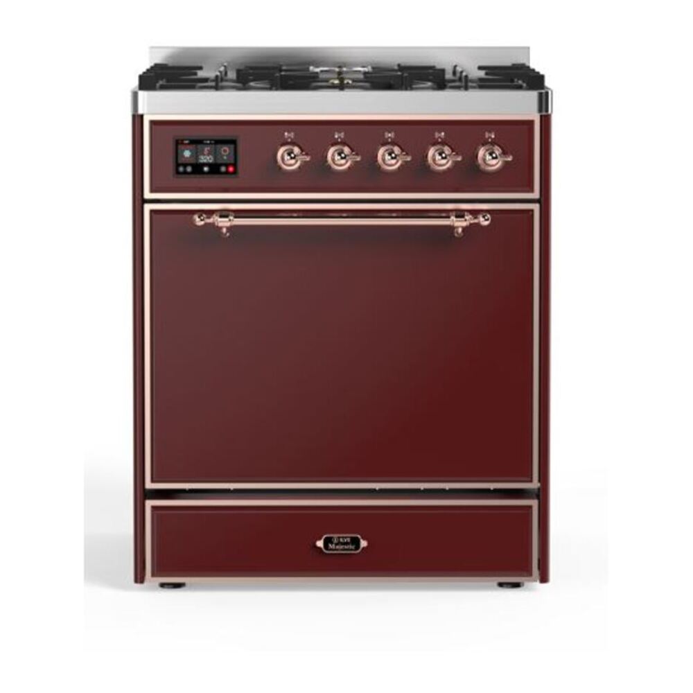 ILVE UM30DQNE3BUPLP Majestic II 30 inch Dual Fuel Range with 5 Black Brass Burners (Liquid Propane, Solid Door, Burgundy, Copper) 1 UM30DQNE3BUPLP