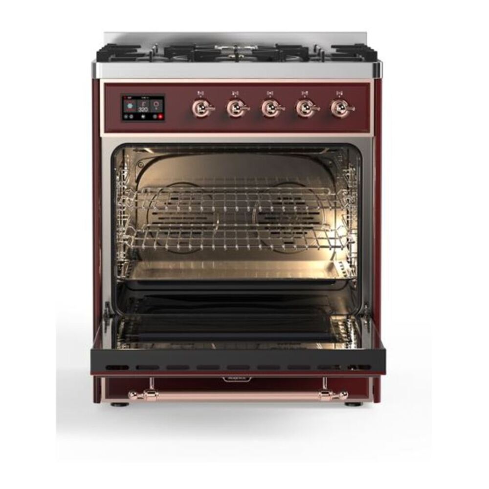 ILVE UM30DQNE3BUP Majestic II 30 inch Dual Fuel Range with 5 Black Brass Burners (Natural Gas, Solid Door, Burgundy, Copper) 5 ILVE_UM30DQNE3BUP_Majestic_II_30_Dual_Fuel_Range_Front_View