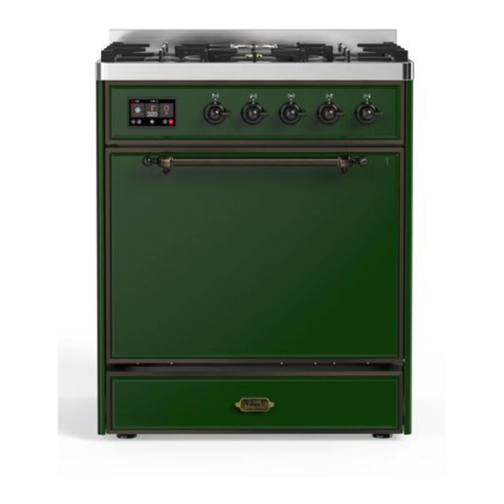ILVE UM30DQNE3EGB Majestic II 30 inch Dual Fuel Range with 5 Black Brass Burners (Natural Gas, Solid Door, Emerald Green, Burnished) 1 UM30DQNE3EGB