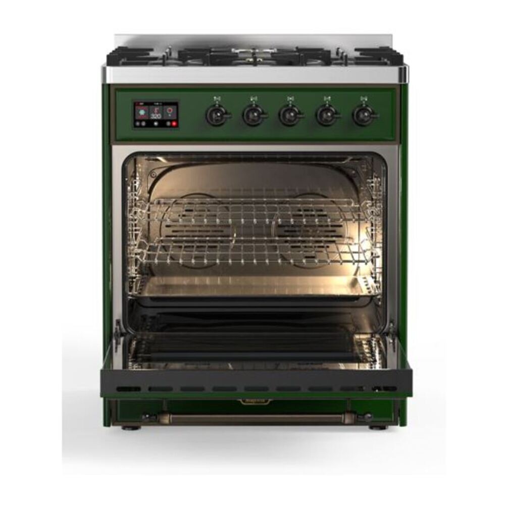 ILVE UM30DQNE3EGB Majestic II 30 inch Dual Fuel Range with 5 Black Brass Burners (Natural Gas, Solid Door, Emerald Green, Burnished) 5 ILVE_UM30DQNE3EGB_Majestic_II_30_Dual_Fuel_Range_Front_View