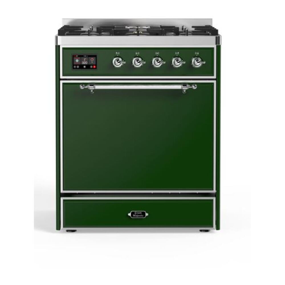 ILVE UM30DQNE3EGC Majestic II 30 inch Dual Fuel Range with 5 Black Brass Burners (Natural Gas, Solid Door, Emerald Green, Chrome) 1 UM30DQNE3EGC