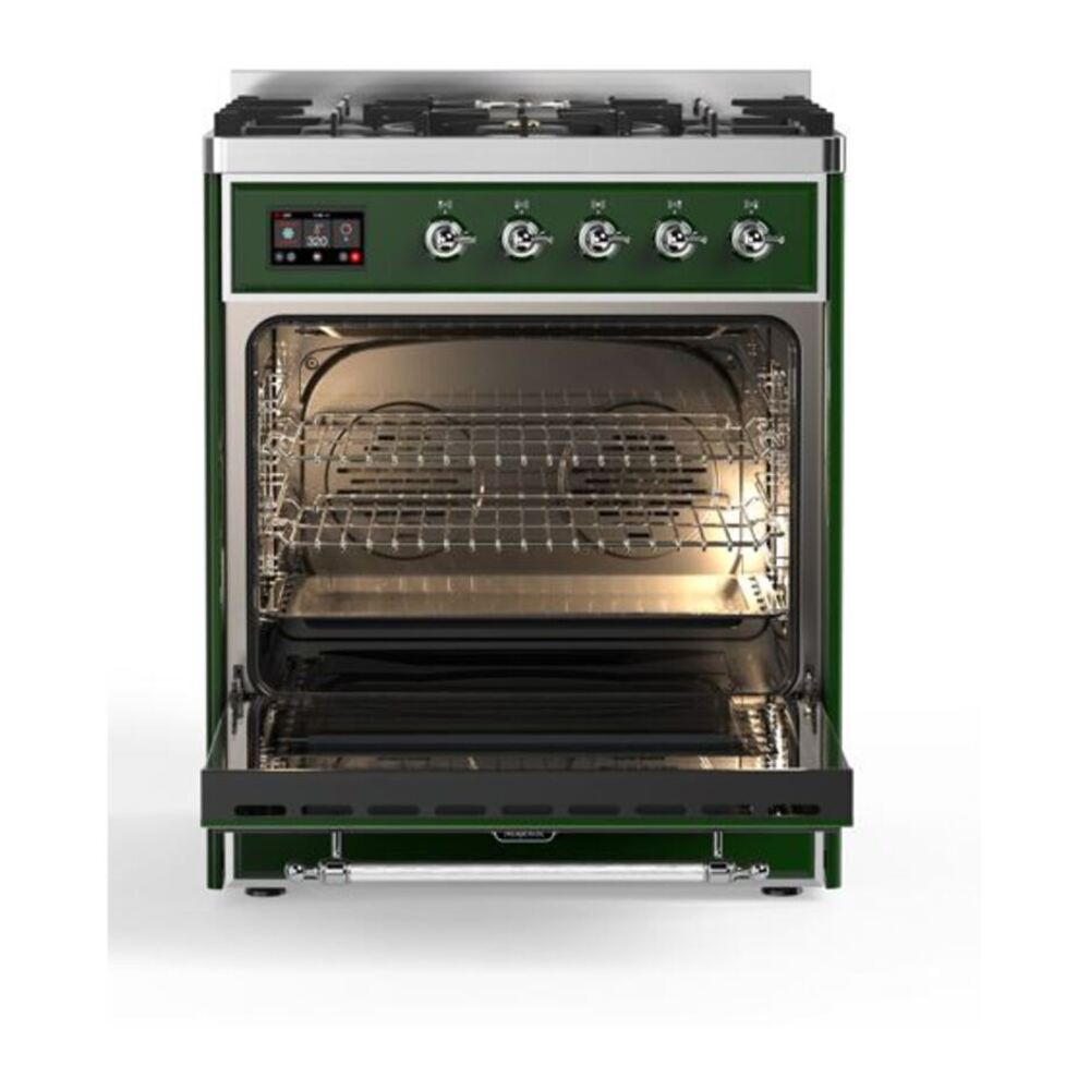 ILVE UM30DQNE3EGC Majestic II 30 inch Dual Fuel Range with 5 Black Brass Burners (Natural Gas, Solid Door, Emerald Green, Chrome) 5 ILVE_UM30DQNE3EGC_Majestic_II_30_Dual_Fuel_Range_Front_View