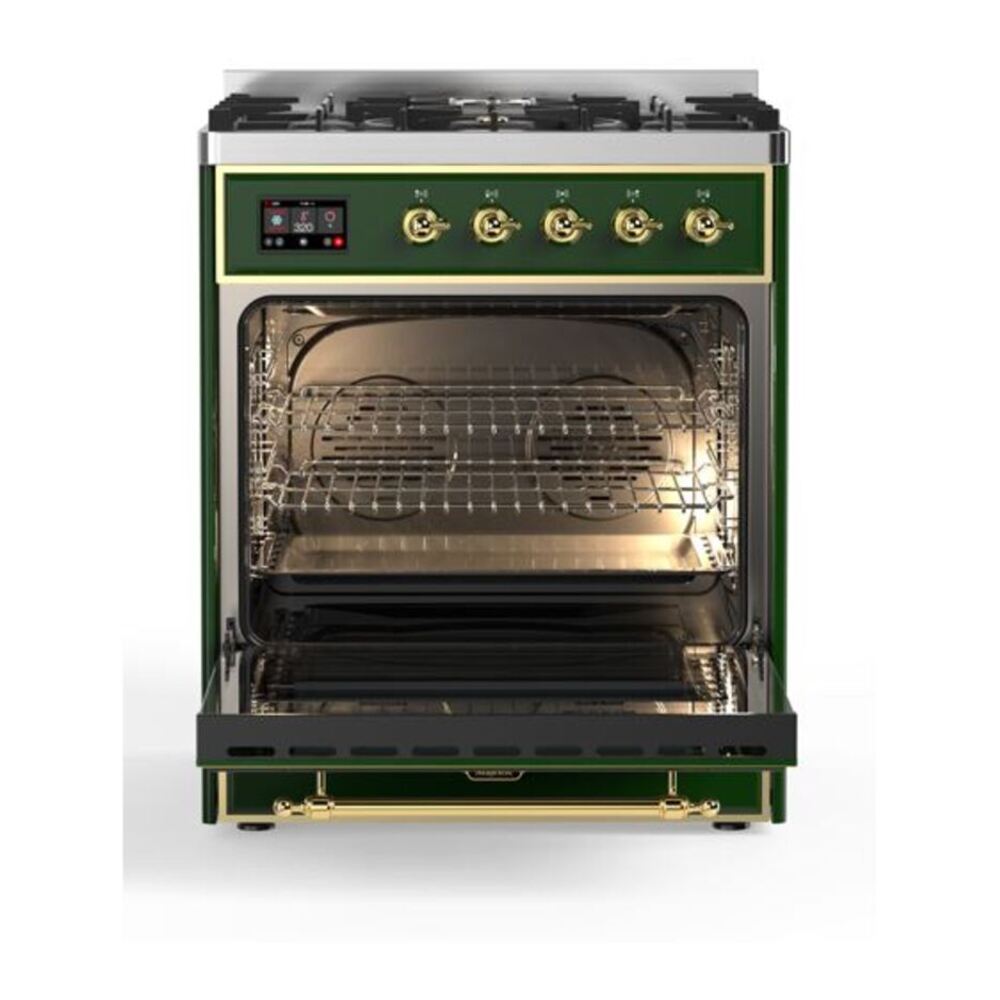 ILVE UM30DQNE3EGG Majestic II 30 inch Dual Fuel Range with 5 Black Brass Burners (Natural Gas, Solid Door, Emerald Green, Brass) 5 ILVE_UM30DQNE3EGG_Majestic_II_30_Dual_Fuel_Range_Front_View