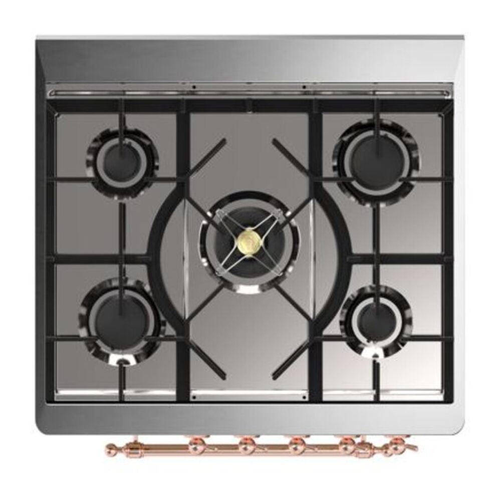 ILVE UM30DQNE3EGPLP Majestic II 30 inch Dual Fuel Range with 5 Black Brass Burners (Liquid Propane, Solid Door, Emerald Green, Copper) 7 ILVE_UM30DQNE3EGPLP_Majestic_II_30"_Dual_Fuel_Range_Top_Angle