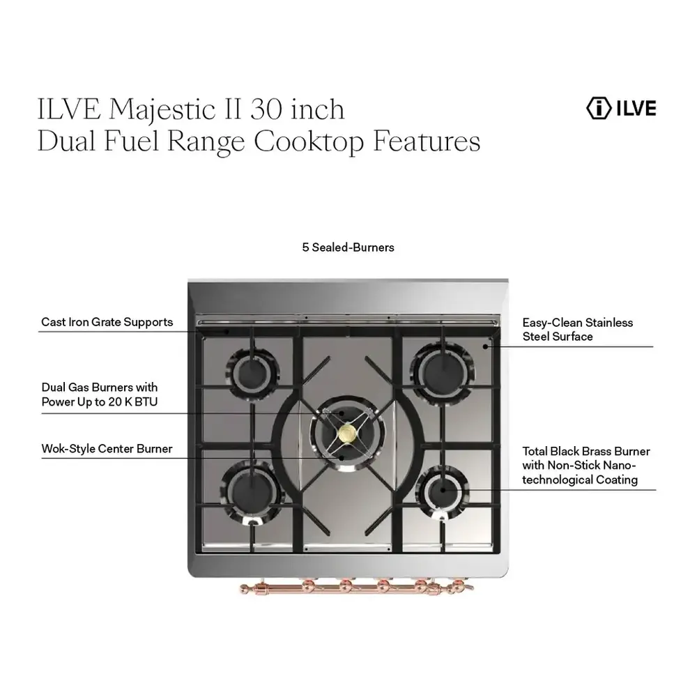 ILVE UM30DQNE3EGPLP Majestic II 30 inch Dual Fuel Range with 5 Black Brass Burners (Liquid Propane, Solid Door, Emerald Green, Copper) 4 ILVE Majestic 30 inch Range Overview