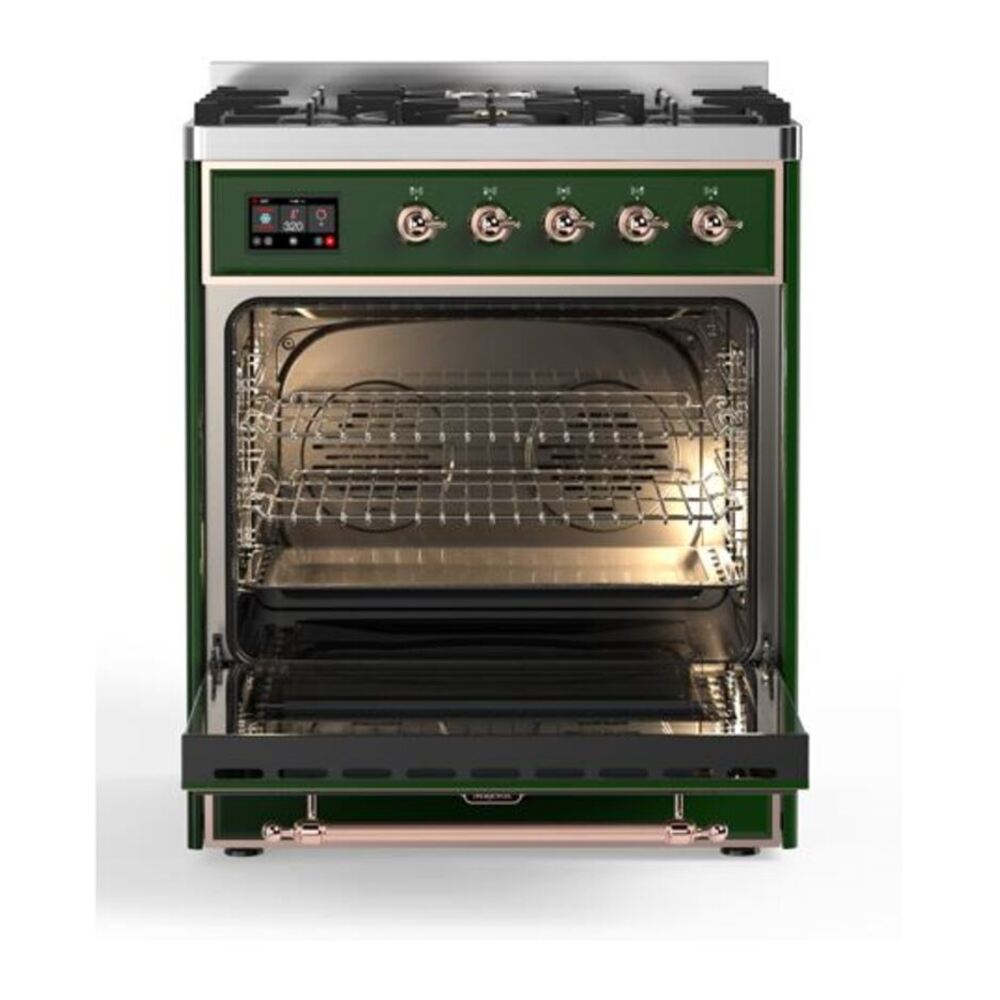 ILVE UM30DQNE3EGP Majestic II 30 inch Dual Fuel Range with 5 Black Brass Burners (Natural Gas, Solid Door, Emerald Green, Copper) 5 ILVE_UM30DQNE3EGP_Majestic_II_30_Dual_Fuel_Range_Front_View