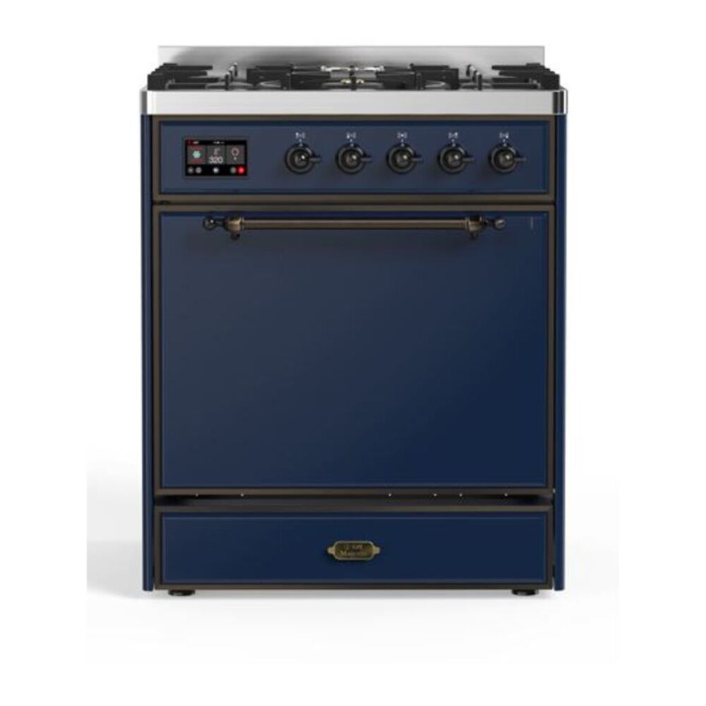 ILVE UM30DQNE3MBBLP Majestic II 30 inch Dual Fuel Range with 5 Black Brass Burners (Liquid Propane, Solid Door, Midnight Blue, Burnished) 1 UM30DQNE3MBBLP