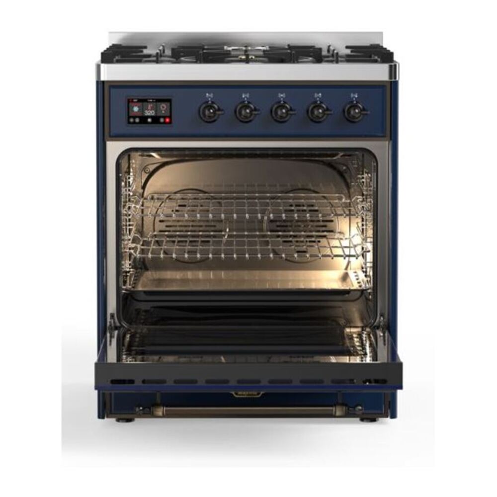 ILVE UM30DQNE3MBB Majestic II 30 inch Dual Fuel Range with 5 Black Brass Burners (Natural Gas, Solid Door, Midnight Blue, Burnished) 5 ILVE_UM30DQNE3MBB_Majestic_II_30_Dual_Fuel_Range_Front_View