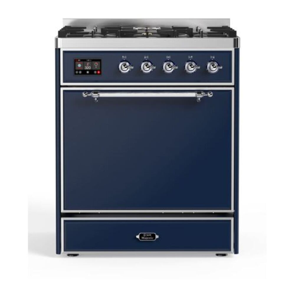 ILVE UM30DQNE3MBCLP Majestic II 30 inch Dual Fuel Range with 5 Black Brass Burners (Liquid Propane, Solid Door, Midnight Blue, Chrome) 1 UM30DQNE3MBCLP