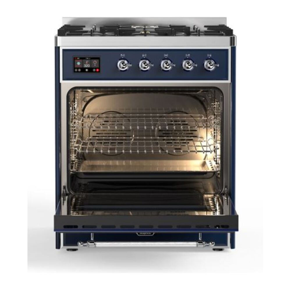 ILVE UM30DQNE3MBCLP Majestic II 30 inch Dual Fuel Range with 5 Black Brass Burners (Liquid Propane, Solid Door, Midnight Blue, Chrome) 5 ILVE_UM30DQNE3MBCLP_Majestic_II_30"_Dual_Fuel_Range_Front_View