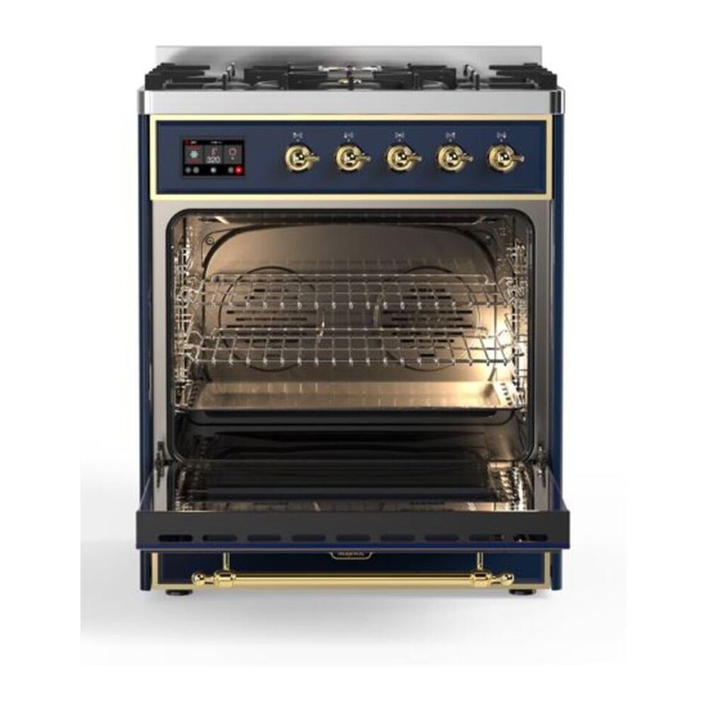 ILVE UM30DQNE3MBGLP Majestic II 30 inch Dual Fuel Range with 5 Black Brass Burners (Liquid Propane, Solid Door, Midnight Blue, Brass) 5 ILVE_UM30DQNE3MBGLP_Majestic_II_30"_Dual_Fuel_Range_Front_View